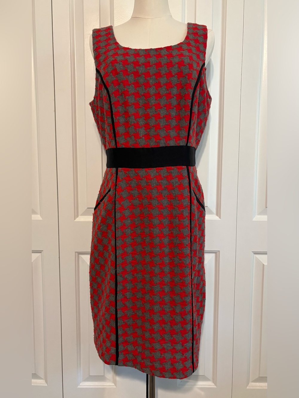 ICE, Red & Gray Houndstooth Midi Dress with Black Waistband & Trim (has pockets)